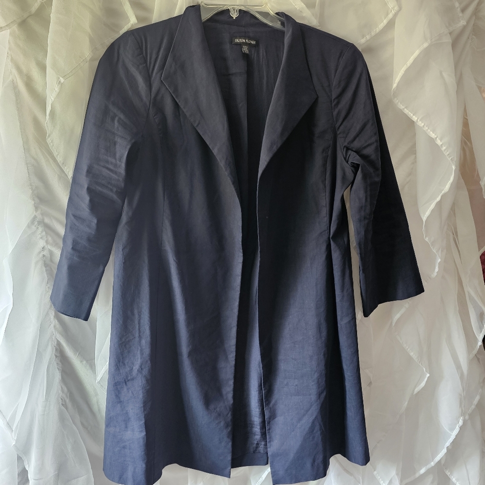 Eileen Fisher Linen Blend Open Front High Collar Coat in Midnight Blue Size M - Picture 9 of 9